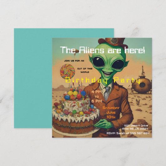 Vriendelijke Alien Verjaardag uitnodiging (Voorkant / Achterkant)