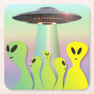 Vriendelijke Aliens & UFO geel & groen Vierkante Kartonnen Onderzetter