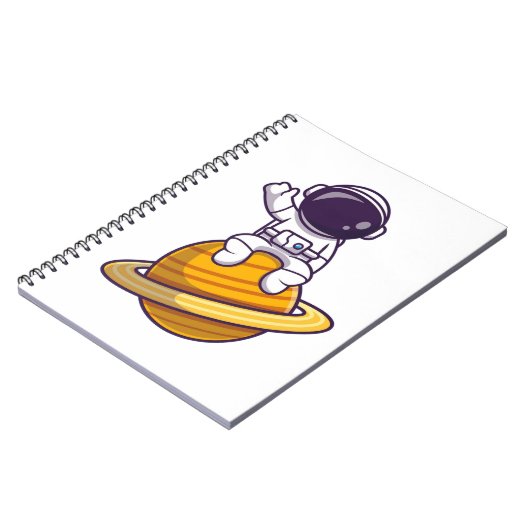 Vriendelijke astronaut zwaait van een planeet notitieboek (Linkerzijde)