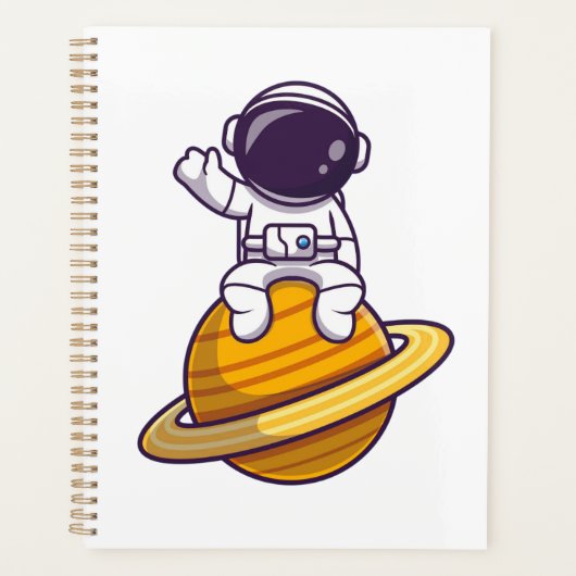 Vriendelijke astronaut zwaait van een planeet planner (Voorkant)