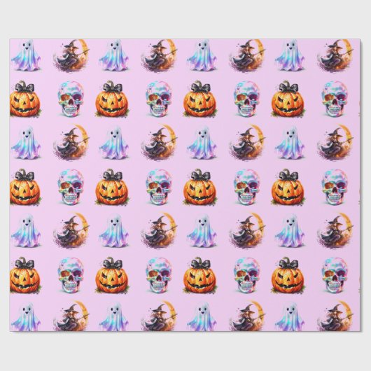 Vriendelijke Iconen Grid Halloween Roze Fun Holida Cadeaupapier (Vlak)