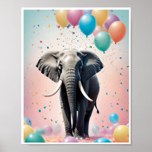Vriendelijke olifant kleurrijke ballonnen confetti poster