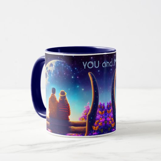 Vrienden of geliefden op een bankje in het maanlic mok (Voorkant links)