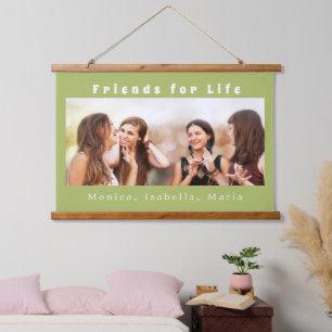 Vrienden voor het leven foto namen geel groen hangend wandkleed