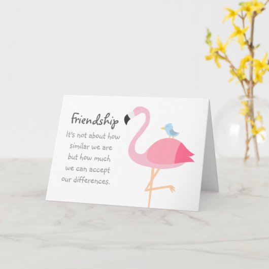 Vriendschap Cartoon: Roze Flamingo met Blue Bird Kaart (Gele Bloem)