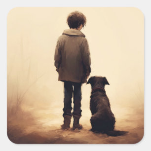 Vriendschap, jongen en zijn hond vierkante sticker