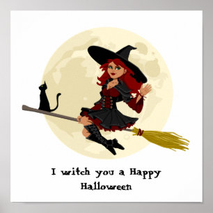 Vriendschappelijke Halloween heks op bezem en Poster