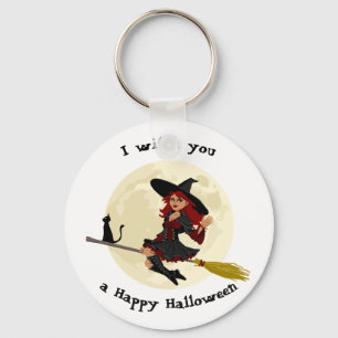 Vriendschappelijke Halloween heks op bezem en Sleutelhanger