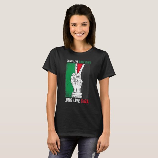 Vrij Palestina met Gaza-vlag Lang Bleek T-shirt (Voorkant volledig)