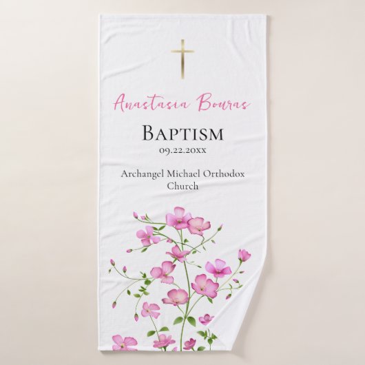 Vrijgevochten Roze Bloemen Orthodoxe doop Gift Badhanddoek (Badhanddoek)
