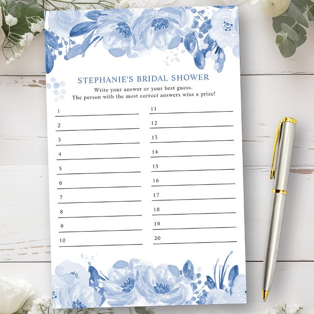 Vrijgezellenfeest Blauw Floral antwoordblad (Bridal Shower Game from my Dusty Blue Watercolor Floral Bridal Shower)