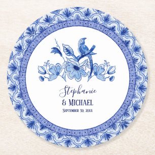 vrijgezellenfeest Blue White Chinoiserie Bird Flor Ronde Kartonnen Onderzetter