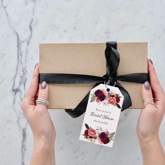 Vrijgezellenfeest burgundy boho florals bedankt cadeaulabel