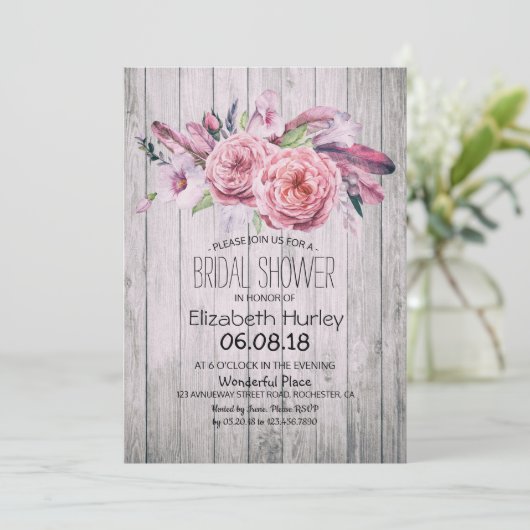 Vrijgezellenfeest Chic Boho Floral Feather Rustic Kaart (Staand voorkant)