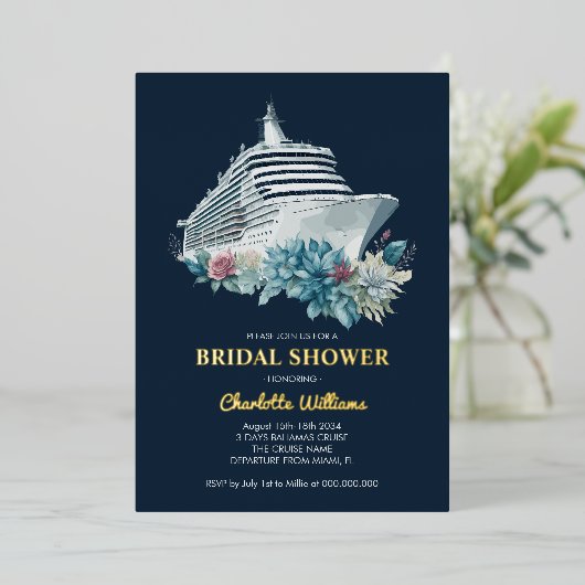 Vrijgezellenfeest cruiseschepen (Trip Gold) Folie Uitnodiging (Staand Voorkant)