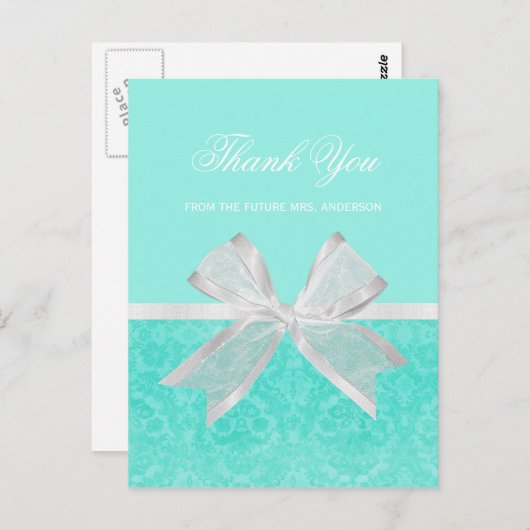 Vrijgezellenfeest Dank u Chic Aqua Damask White Bo Briefkaart (Voorkant / Achterkant)