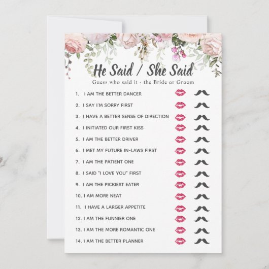 Vrijgezellenfeest dat hij zei - ze zei spel kaart (Voorkant)