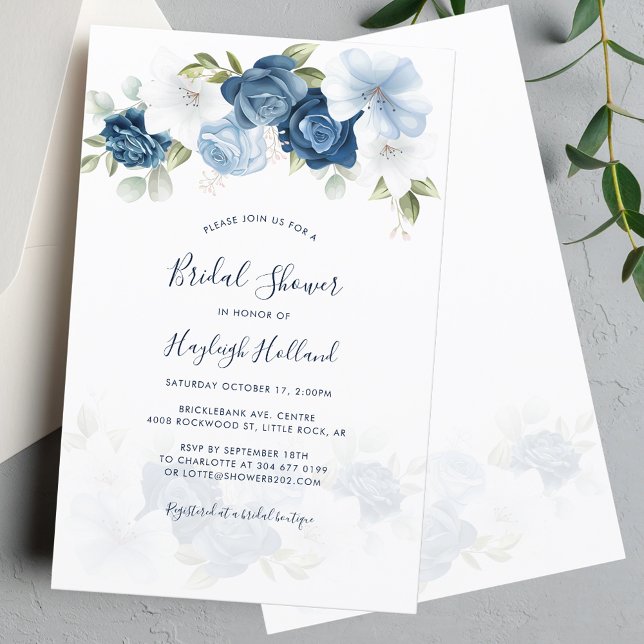 Vrijgezellenfeest Dusty Blue Floral Script Invitat (Floral Dusty Blue Watercolor Bridal Shower Invitation)