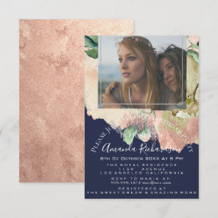 Vrijgezellenfeest Foto Floral Birthday Navy Peach Kaart