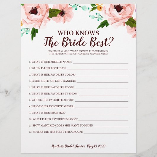 Vrijgezellenfeest Game die Bride Floral kent (Voorkant)