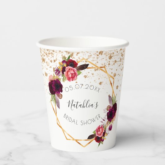 Vrijgezellenfeest goudbruine bruinbloemigen glitte papieren bekers (Achterkant)