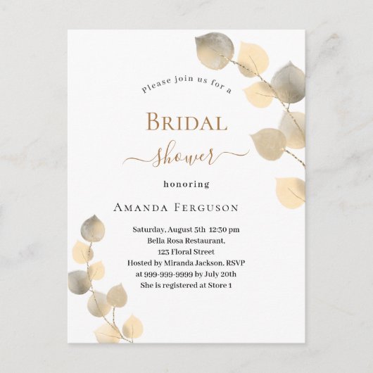 Vrijgezellenfeest gouden eucalyptusspriet uitnodiging briefkaart (Voorkant)