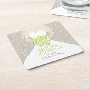 Vrijgezellenfeest groene rozen witte jurk aangepas vierkante kartonnen onderzetter