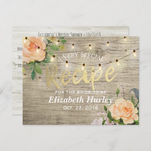 Vrijgezellenfeest Hout Floral String Lights Recipe Uitnodiging Briefkaart (Voorkant / Achterkant)