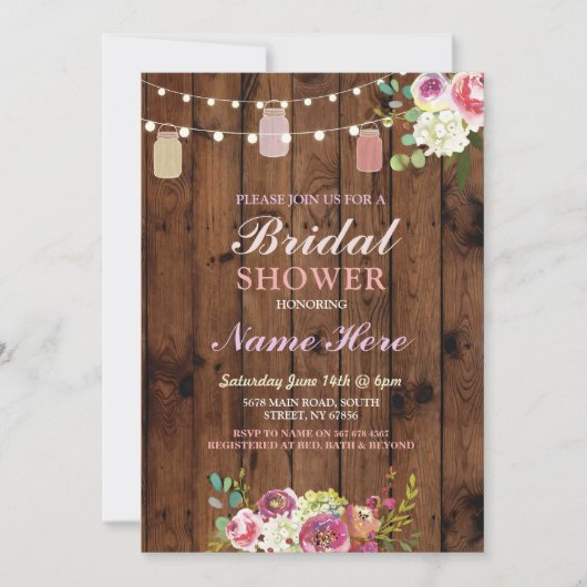 vrijgezellenfeest Jars Invite Rustic Wood Floral Kaart (Voorkant)