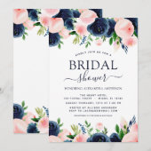 Vrijgezellenfeest marineblauw blush roze bloemig kaart (Voorkant / Achterkant)