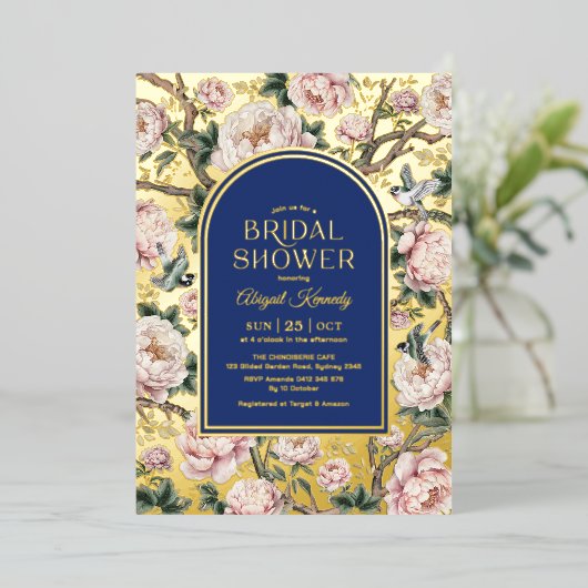 Vrijgezellenfeest Navy Blue Gold Chinoiserie Flowe Folie Uitnodiging (Staand Voorkant)
