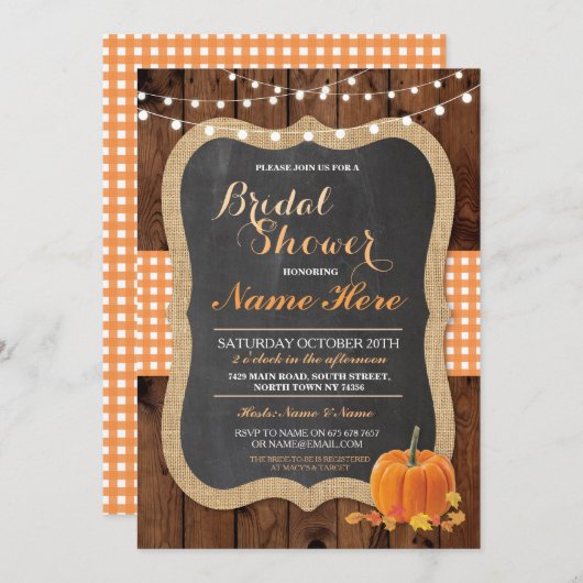 Vrijgezellenfeest Pompoen Herfst Wood Burlap Invit Kaart (Voorkant / Achterkant)