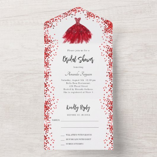 Vrijgezellenfeest rood jurkje wit RSVP All In One Uitnodiging (Binnen)