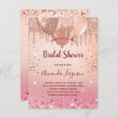 Vrijgezellenfeest roos goudroze glitterballonnen uitnodiging briefkaart (Voorkant / Achterkant)