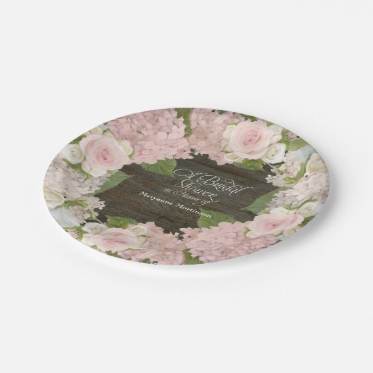 Vrijgezellenfeest Roze Hydrangea Rozen Donker Hout Papieren Bordje (Gekanteld)