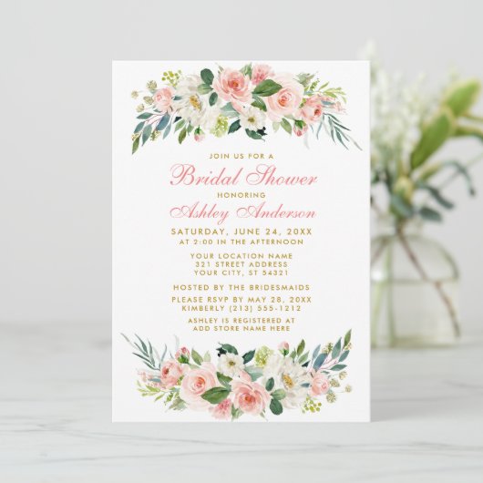 Vrijgezellenfeest Roze White Floral Gold Invitatio Kaart (Staand voorkant)