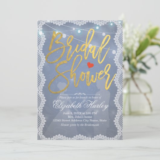 Vrijgezellenfeest Rustic White Lace en String Ligh Kaart (Staand voorkant)