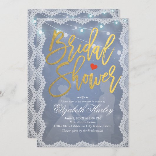 Vrijgezellenfeest Rustic White Lace en String Ligh Kaart (Voorkant / Achterkant)