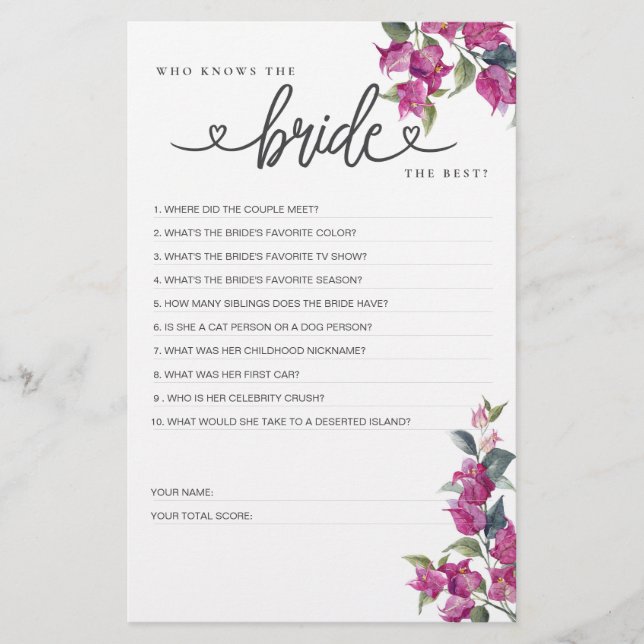 Vrijgezellenfeest spel Wie kent de bruid het beste (Voorkant)