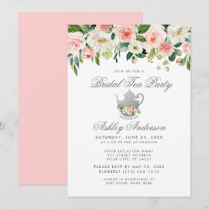 Vrijgezellenfeest Tea Party Floral roze Silver Inv Kaart