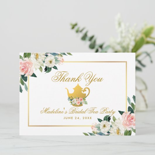 Vrijgezellenfeest Tea Party Goud Roze Bloemen Beda Bedankkaart (Staand voorkant)