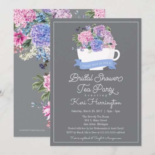 Vrijgezellenfeest Tea Party Invitation Blue Hydran Kaart (Voorkant / Achterkant)