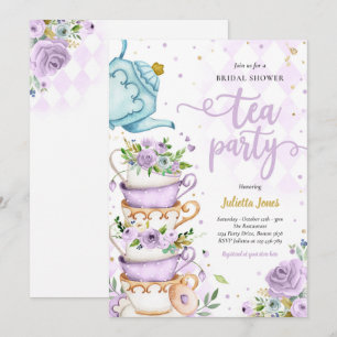 Vrijgezellenfeest Tea Party Paars and Gold Floral Kaart
