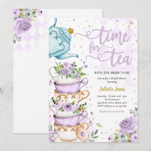 Vrijgezellenfeest Tea Party Paars and Gold Floral Kaart