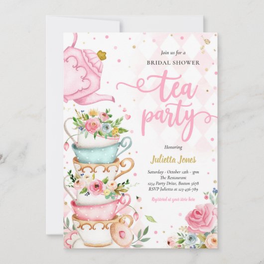 Vrijgezellenfeest Tea Party Roze en Gouden Bloemen Kaart (Voorkant)