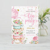 Vrijgezellenfeest Tea Party Roze en Gouden Bloemen Kaart (Staand voorkant)