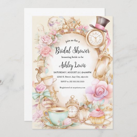 Vrijgezellenfeest thee uitnodiging, Alice theefees Kaart (Voorkant / Achterkant)