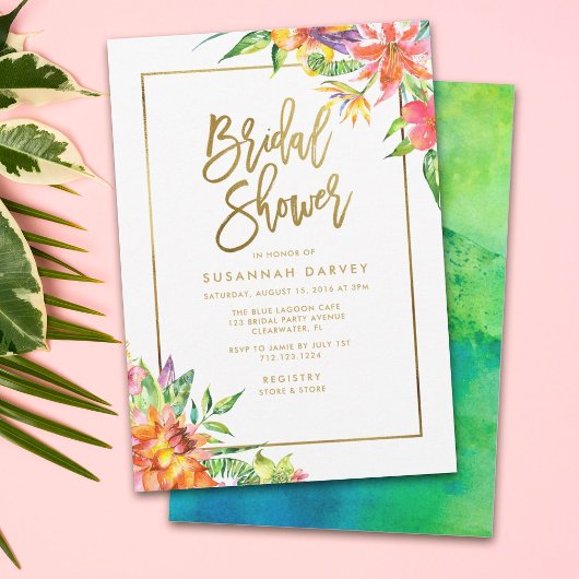 Vrijgezellenfeest | Tropical Waterverf Gold Script Kaart