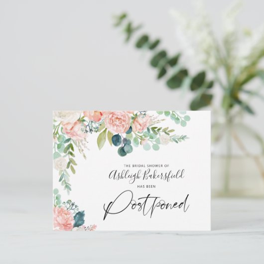 Vrijgezellenfeest Uitgestelde Datum Blush Pink Flo Aankondigingskaart (Staand voorkant)