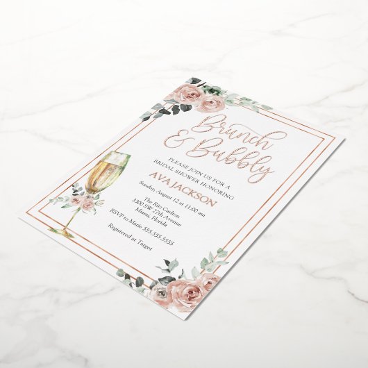 Vrijgezellenfeest van Brunch en Bubble Blush Flora Folie Uitnodiging (Gedraaid)